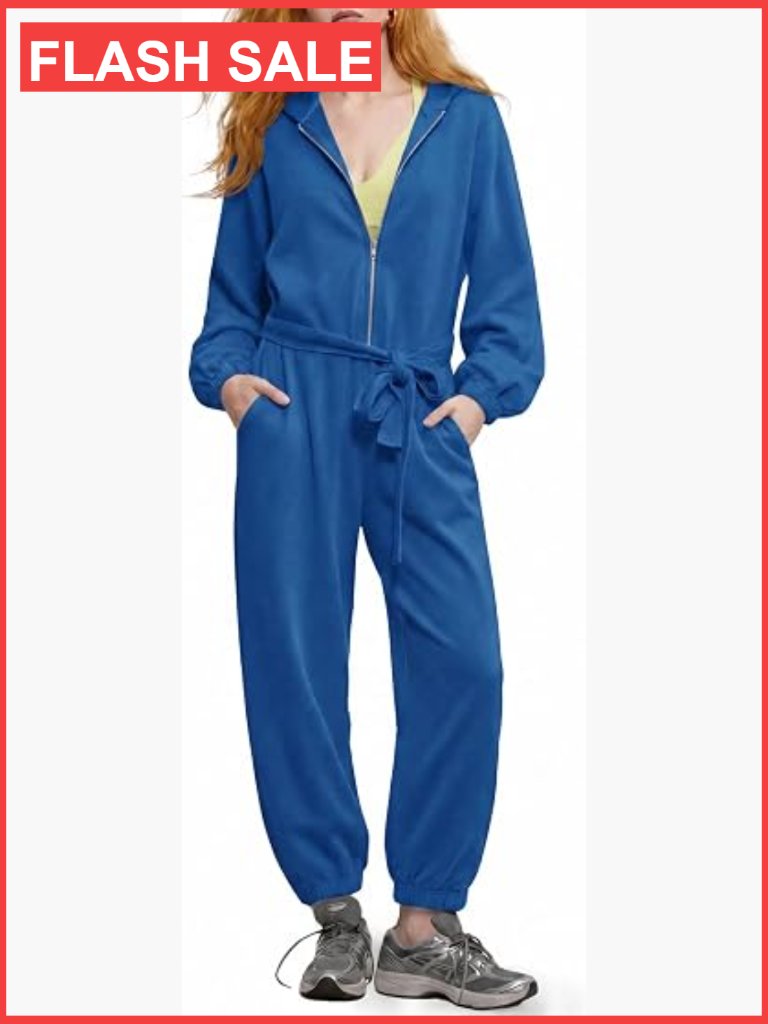 Long Sleeve Zip Up Hoodie Jumpsuit With Tie Waist Jogger Sweatpants Romper